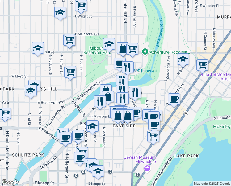 map of restaurants, bars, coffee shops, grocery stores, and more near 1888 North Water Street in Milwaukee
