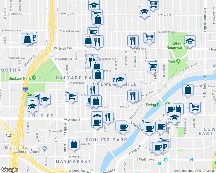 map of restaurants, bars, coffee shops, grocery stores, and more near 1934 North 2nd Street in Milwaukee