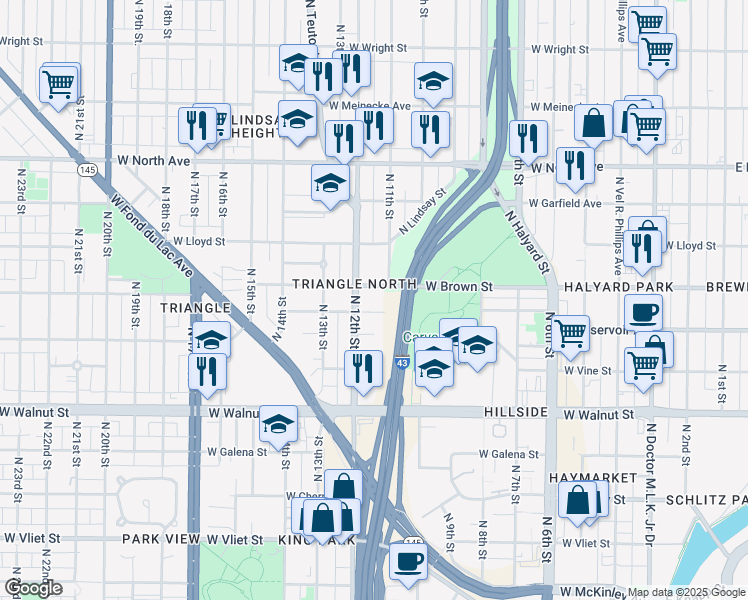 map of restaurants, bars, coffee shops, grocery stores, and more near 1919 North 11th Street in Milwaukee