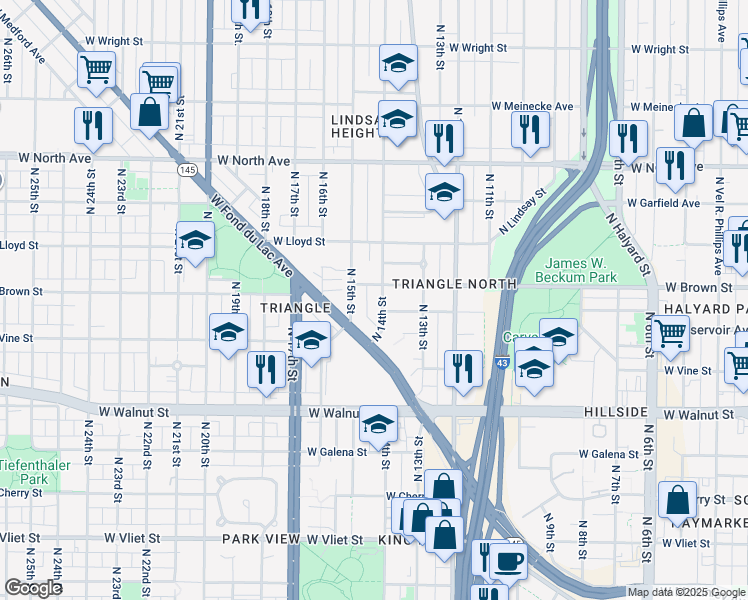 map of restaurants, bars, coffee shops, grocery stores, and more near 1350 West Reservoir Avenue in Milwaukee