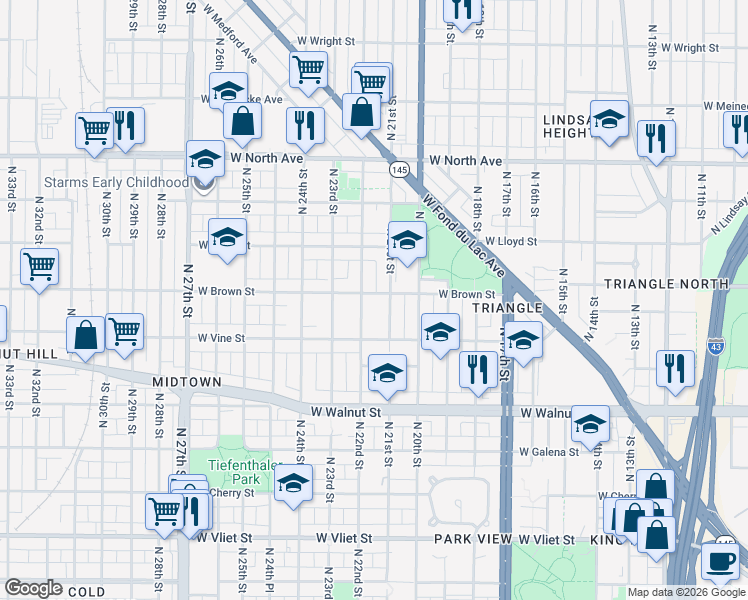 map of restaurants, bars, coffee shops, grocery stores, and more near 2105 West Brown Street in Milwaukee