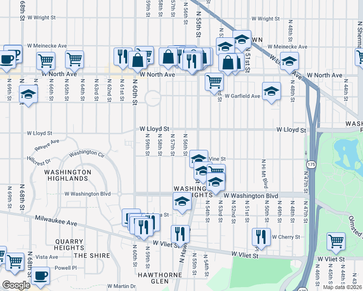 map of restaurants, bars, coffee shops, grocery stores, and more near 1922 North 57th Street in Milwaukee