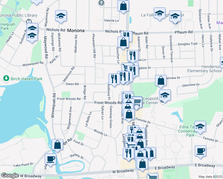 map of restaurants, bars, coffee shops, grocery stores, and more near 208 Owen Road in Monona
