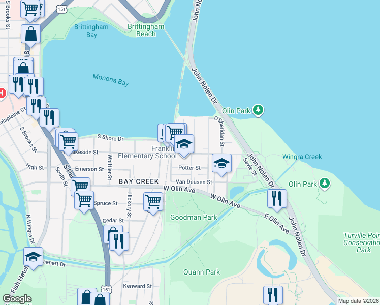 map of restaurants, bars, coffee shops, grocery stores, and more near 218 West Lakeside Street in Madison