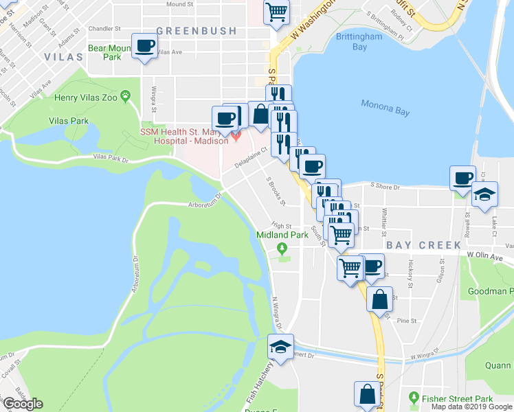 map of restaurants, bars, coffee shops, grocery stores, and more near 930 High Street in Madison