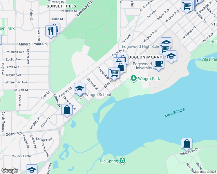 map of restaurants, bars, coffee shops, grocery stores, and more near 2821 Monroe Street in Madison