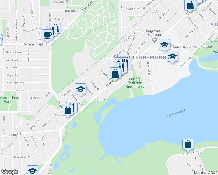 map of restaurants, bars, coffee shops, grocery stores, and more near 2821 Monroe Street in Madison