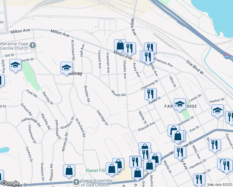 map of restaurants, bars, coffee shops, grocery stores, and more near 240 Caroline Avenue in Syracuse