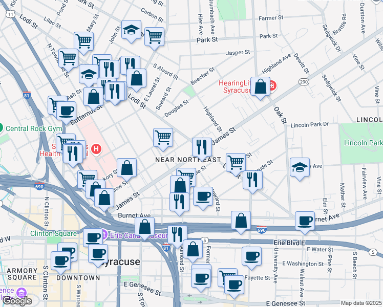 map of restaurants, bars, coffee shops, grocery stores, and more near 753 New York 290 in Syracuse