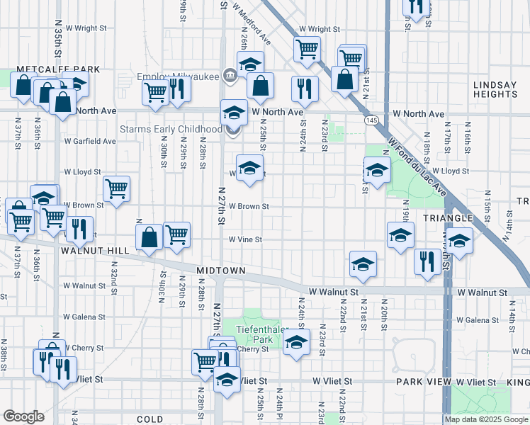 map of restaurants, bars, coffee shops, grocery stores, and more near 2483 West Brown Street in Milwaukee