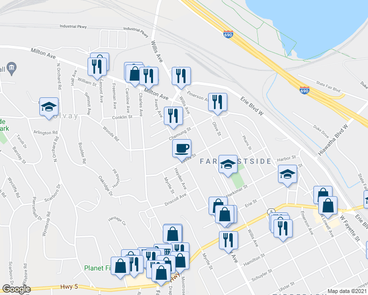 map of restaurants, bars, coffee shops, grocery stores, and more near 1014 Avery Avenue in Syracuse