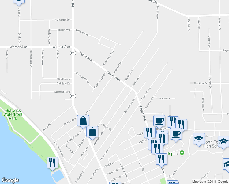 map of restaurants, bars, coffee shops, grocery stores, and more near 265 Carrousel Ct in North Tonawanda