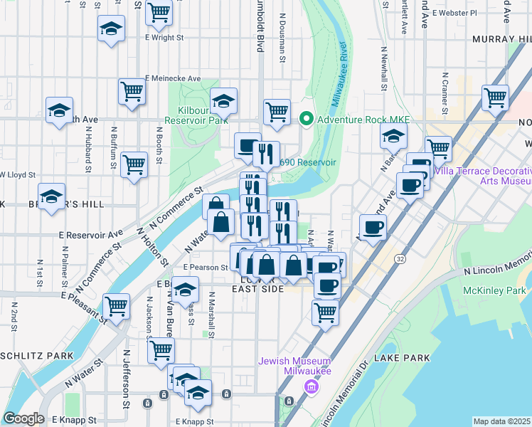 map of restaurants, bars, coffee shops, grocery stores, and more near 1131 E Kane Pl in Milwaukee
