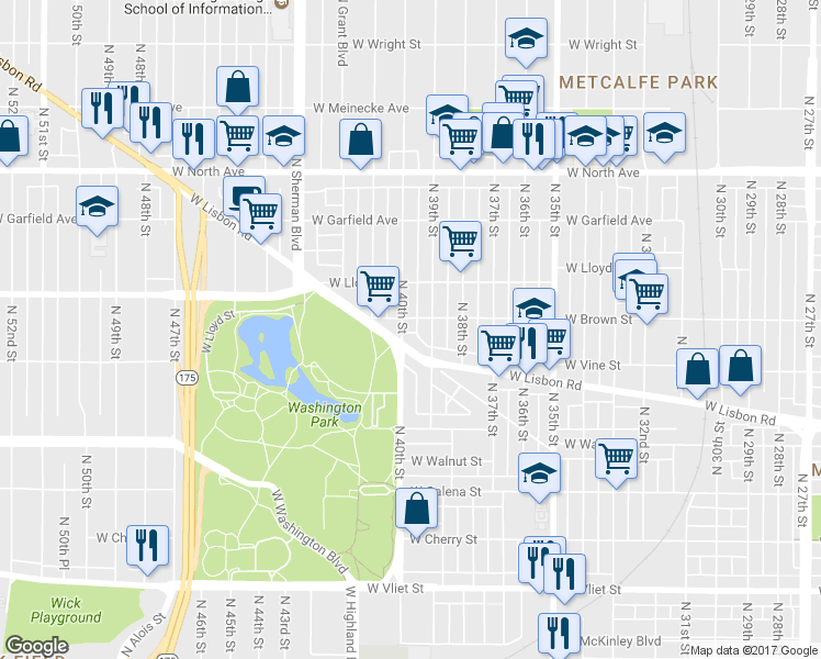 map of restaurants, bars, coffee shops, grocery stores, and more near 1948 North 40th Street in Milwaukee