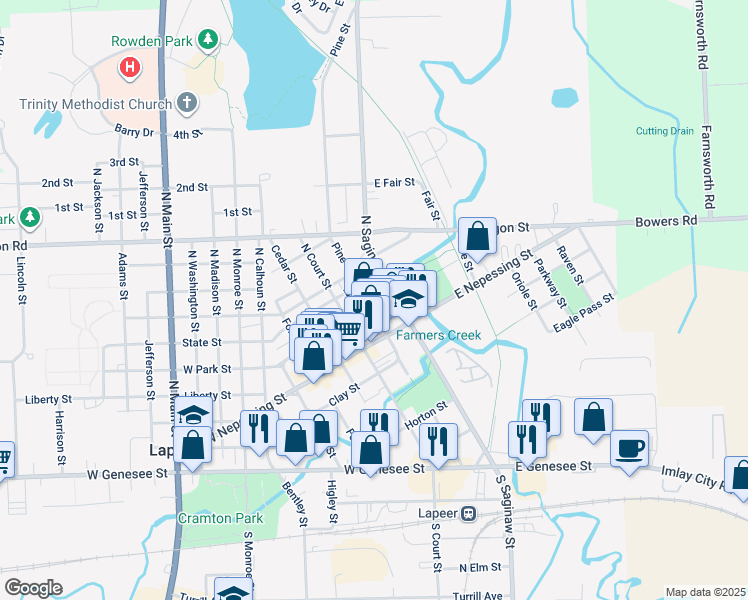 map of restaurants, bars, coffee shops, grocery stores, and more near 44 West Park Street in Lapeer