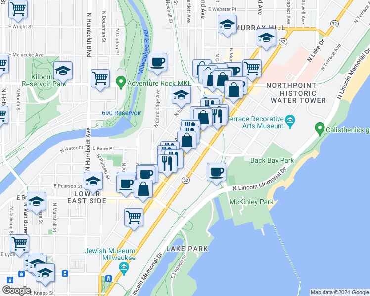 map of restaurants, bars, coffee shops, grocery stores, and more near 1941 North Farwell Avenue in Milwaukee