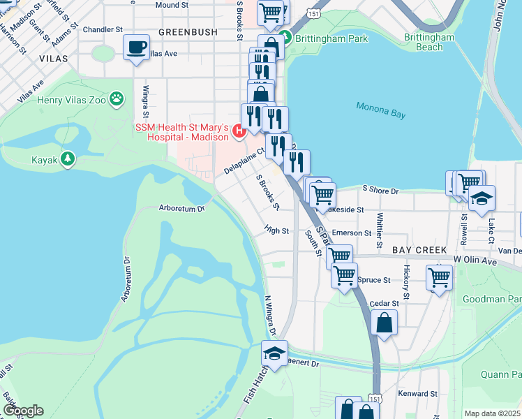 map of restaurants, bars, coffee shops, grocery stores, and more near 929 High Street in Madison
