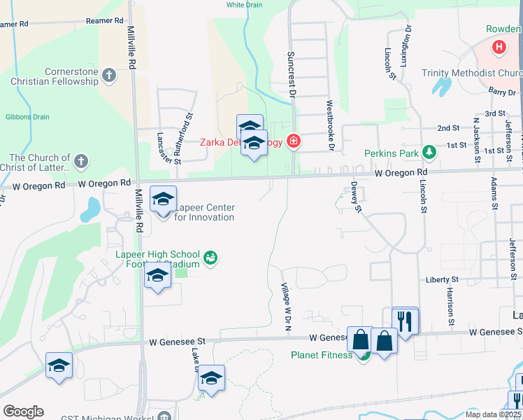 map of restaurants, bars, coffee shops, grocery stores, and more near 71004 Village West Drive North in Lapeer