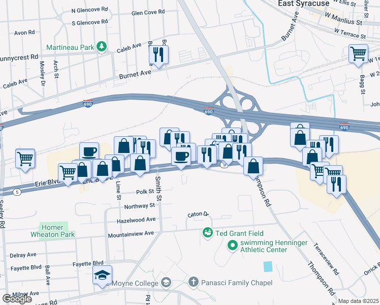 map of restaurants, bars, coffee shops, grocery stores, and more near 2947-61 Erie Boulevard East in Syracuse