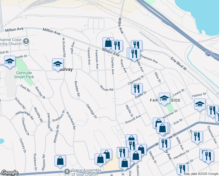 map of restaurants, bars, coffee shops, grocery stores, and more near 108 Woods Road in Syracuse