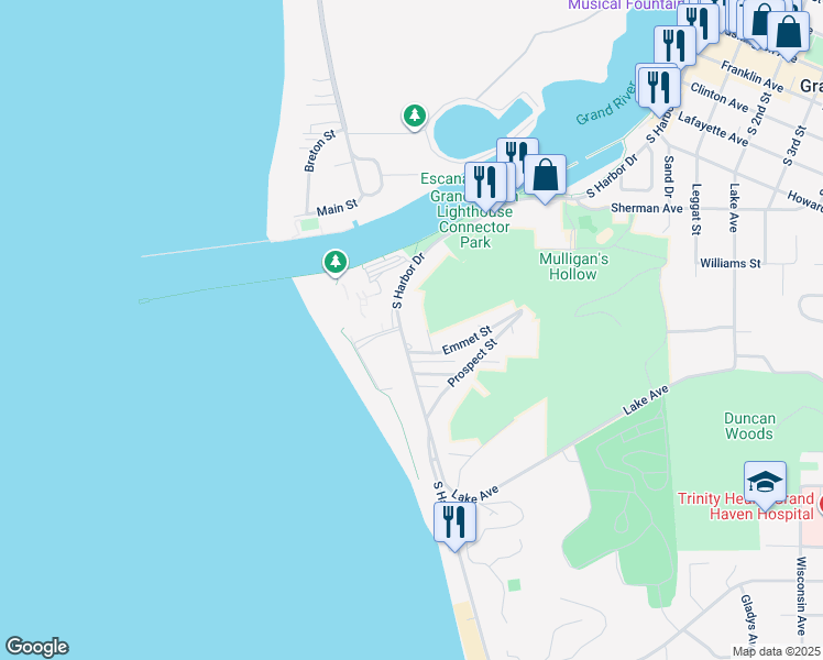 map of restaurants, bars, coffee shops, grocery stores, and more near 914 South Harbor Drive in Grand Haven