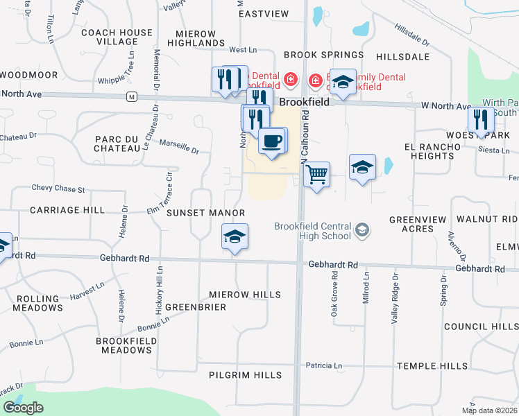 map of restaurants, bars, coffee shops, grocery stores, and more near 1930 Norhardt Drive in Brookfield