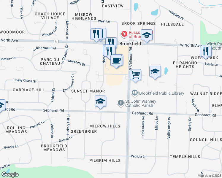 map of restaurants, bars, coffee shops, grocery stores, and more near 1930 Norhardt Drive in Brookfield