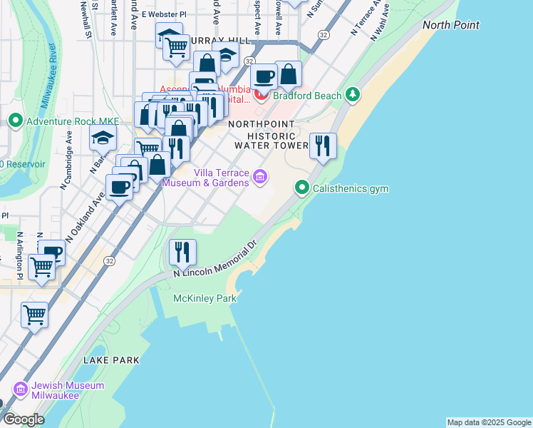 map of restaurants, bars, coffee shops, grocery stores, and more near 2202R North Terrace Avenue in Milwaukee