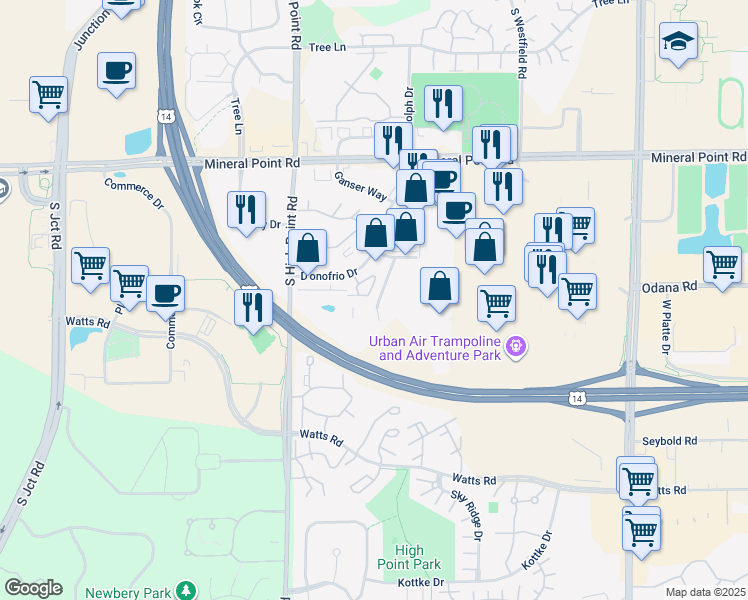map of restaurants, bars, coffee shops, grocery stores, and more near 531 D'onofrio Drive in Madison
