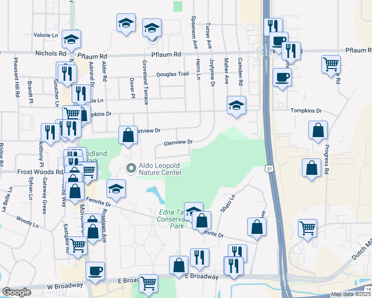 map of restaurants, bars, coffee shops, grocery stores, and more near 818 Woodlawn Drive in Madison