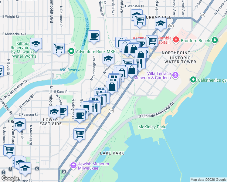 map of restaurants, bars, coffee shops, grocery stores, and more near N Farwell Ave & E Irving Pl in Milwaukee