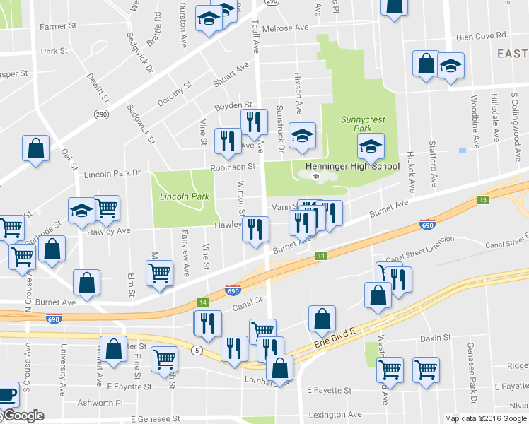 map of restaurants, bars, coffee shops, grocery stores, and more near 611 Teall Avenue in Syracuse