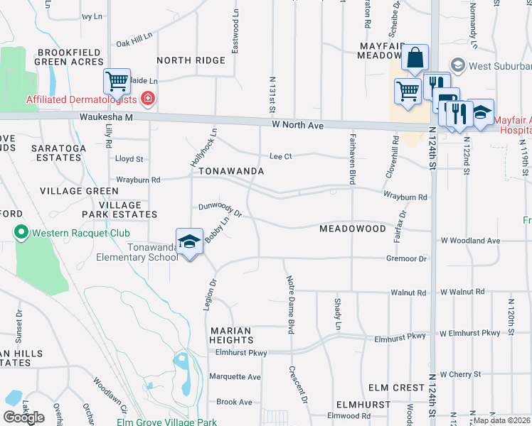 map of restaurants, bars, coffee shops, grocery stores, and more near 13150 Dunwoody Drive in Elm Grove