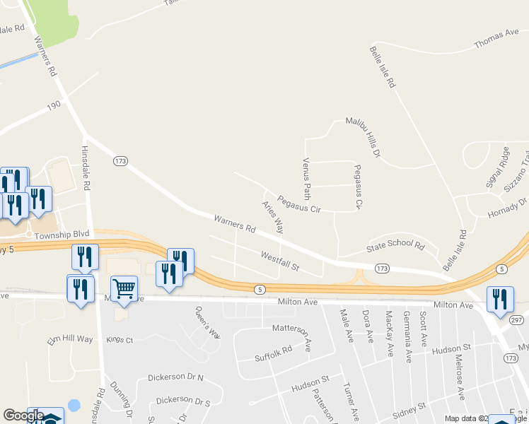 map of restaurants, bars, coffee shops, grocery stores, and more near 5893 Aries Way in Syracuse