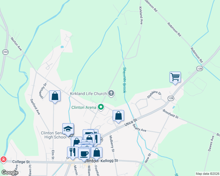map of restaurants, bars, coffee shops, grocery stores, and more near 54 Kirkland Avenue in Clinton