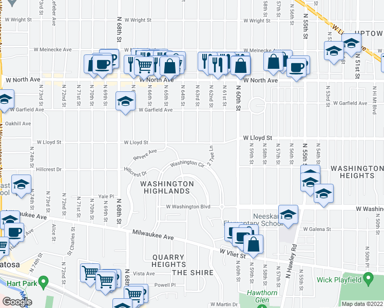 map of restaurants, bars, coffee shops, grocery stores, and more near 6300 Washington Circle in Wauwatosa