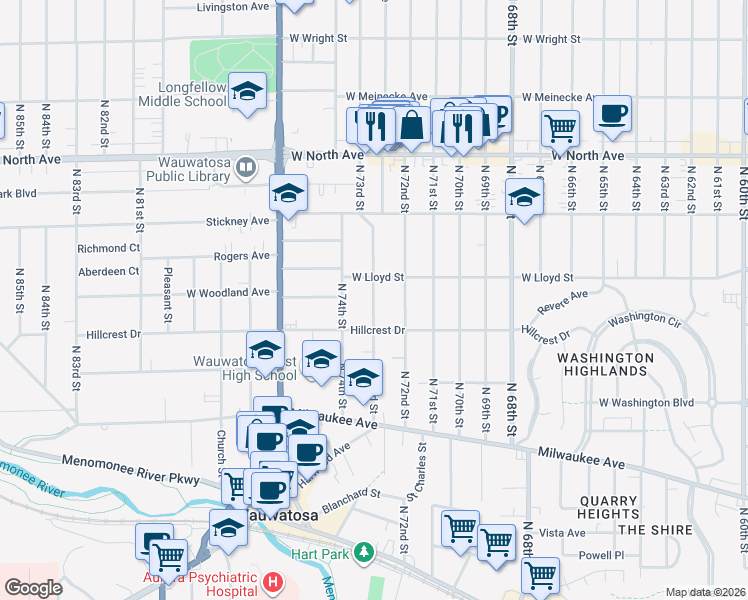 map of restaurants, bars, coffee shops, grocery stores, and more near North 73rd Street in Wauwatosa