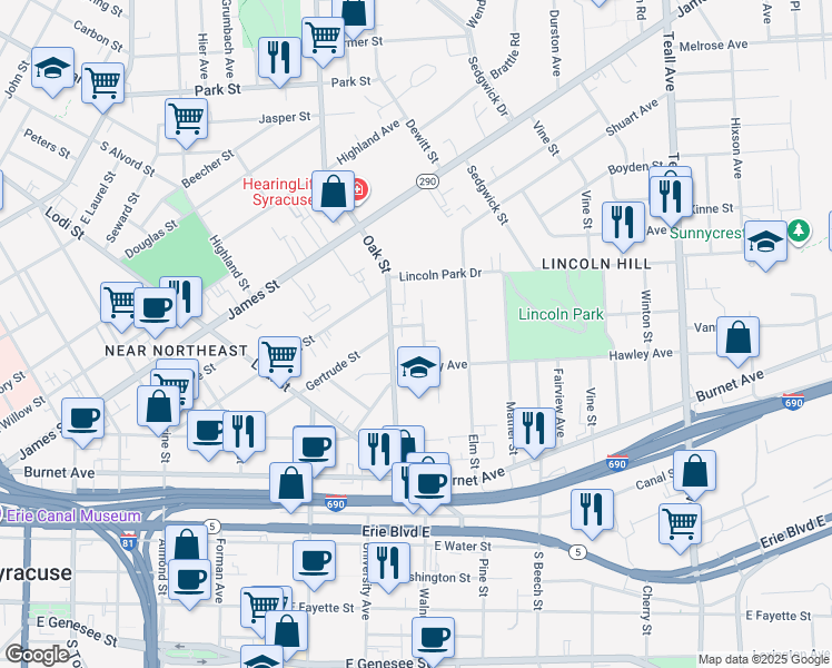 map of restaurants, bars, coffee shops, grocery stores, and more near 209 Delhi Street in Syracuse