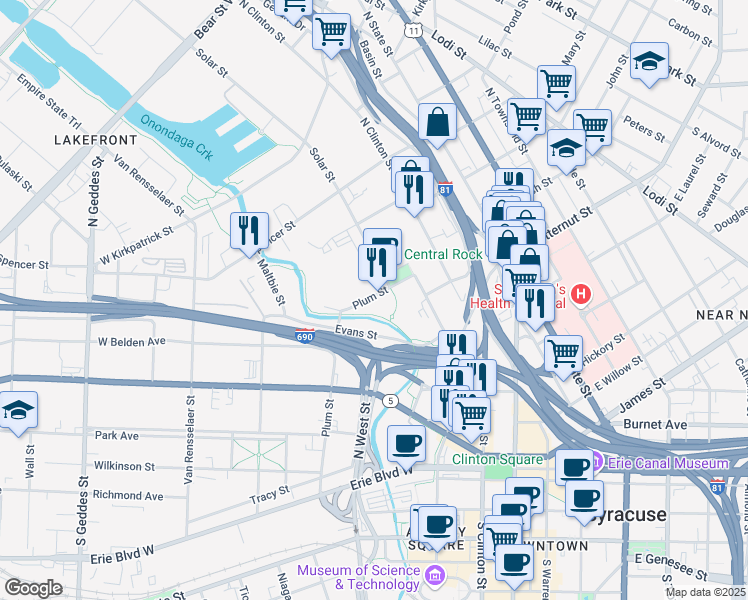 map of restaurants, bars, coffee shops, grocery stores, and more near 516 Plum Street in Syracuse