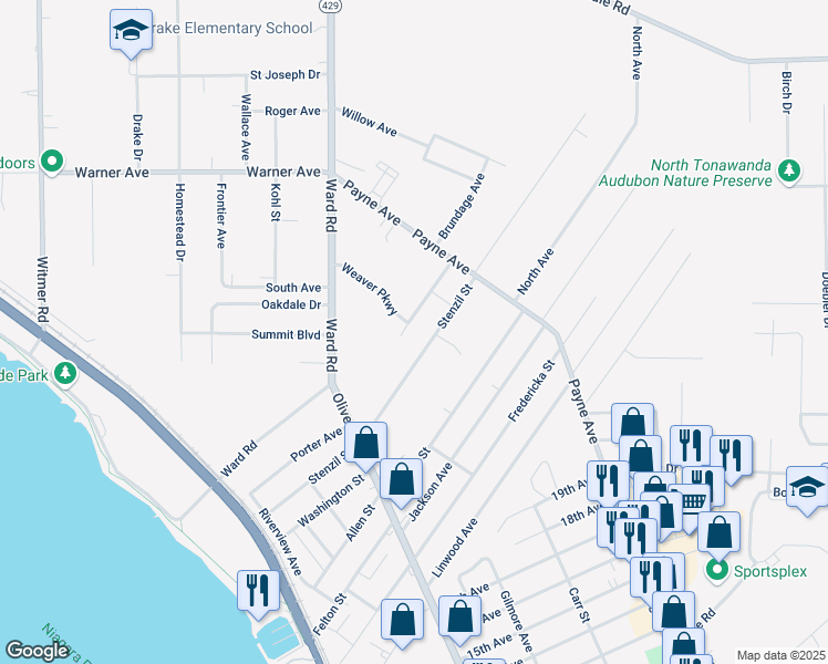 map of restaurants, bars, coffee shops, grocery stores, and more near 95 Community Drive in North Tonawanda