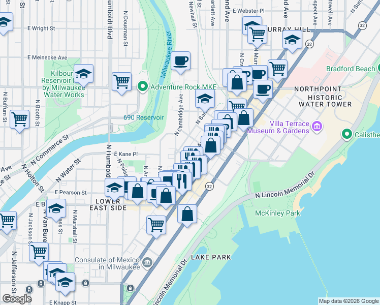 map of restaurants, bars, coffee shops, grocery stores, and more near in Milwaukee