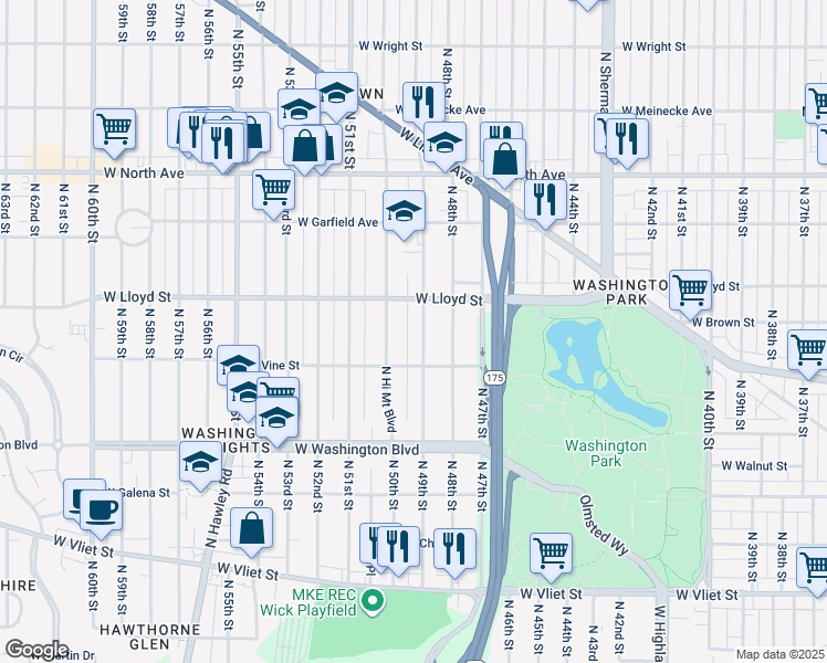map of restaurants, bars, coffee shops, grocery stores, and more near 1933 North 49th Street in Milwaukee