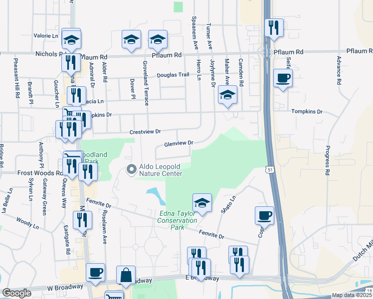 map of restaurants, bars, coffee shops, grocery stores, and more near 818 Woodlawn Drive in Madison