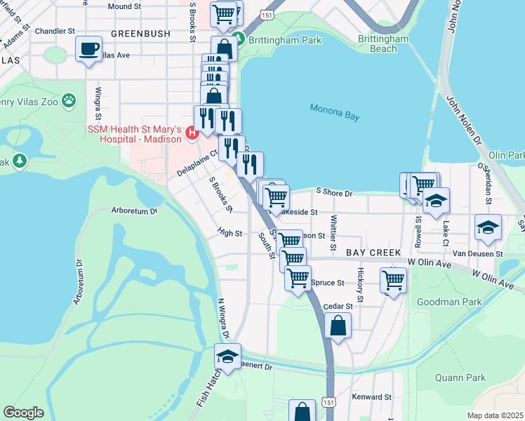 map of restaurants, bars, coffee shops, grocery stores, and more near 1008 South Park Street in Madison