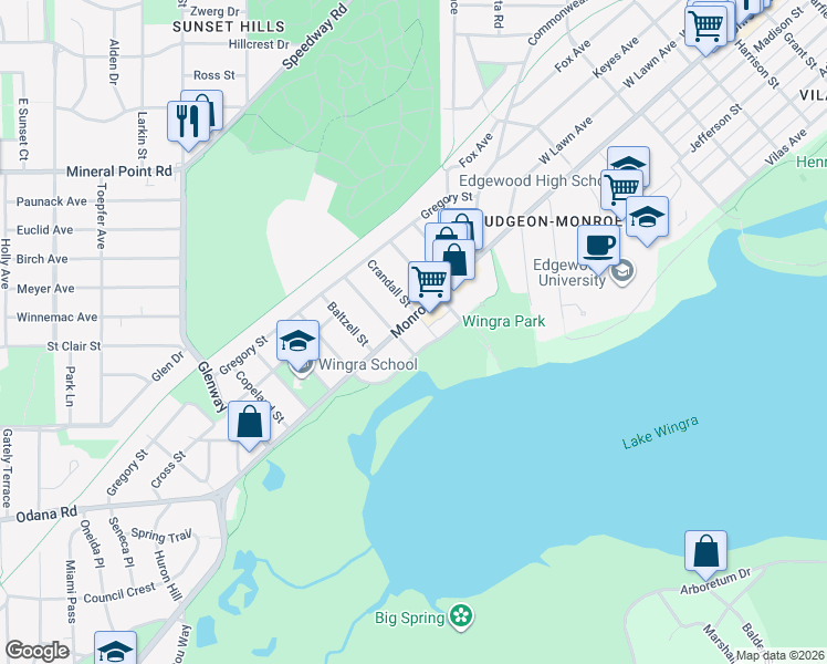 map of restaurants, bars, coffee shops, grocery stores, and more near 2821 Monroe Street in Madison