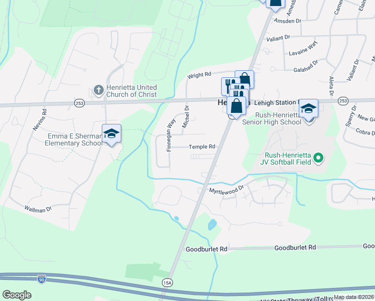 map of restaurants, bars, coffee shops, grocery stores, and more near 57 Temple Road in Henrietta
