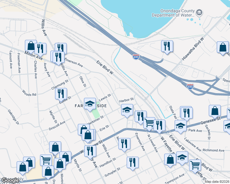 map of restaurants, bars, coffee shops, grocery stores, and more near 723 Kingsley Avenue in Syracuse