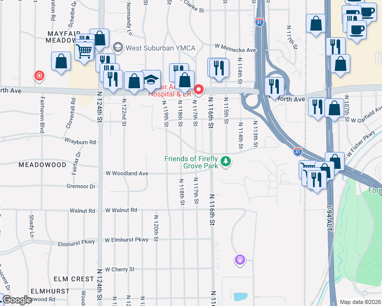 map of restaurants, bars, coffee shops, grocery stores, and more near 1943 North 117th Street in Wauwatosa