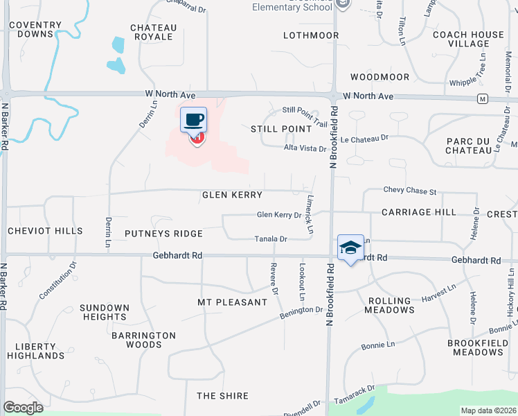 map of restaurants, bars, coffee shops, grocery stores, and more near 19160 Glen Kerry Drive in Brookfield