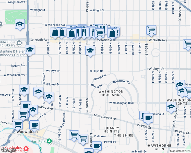 map of restaurants, bars, coffee shops, grocery stores, and more near 6642 Revere Avenue in Wauwatosa